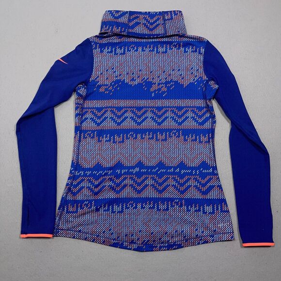 Nike Pro Dri-FIT Top Women Medium Blue Fair Isle‎ Print Long Sleeve Funnel Neck - Picture 8 of 10